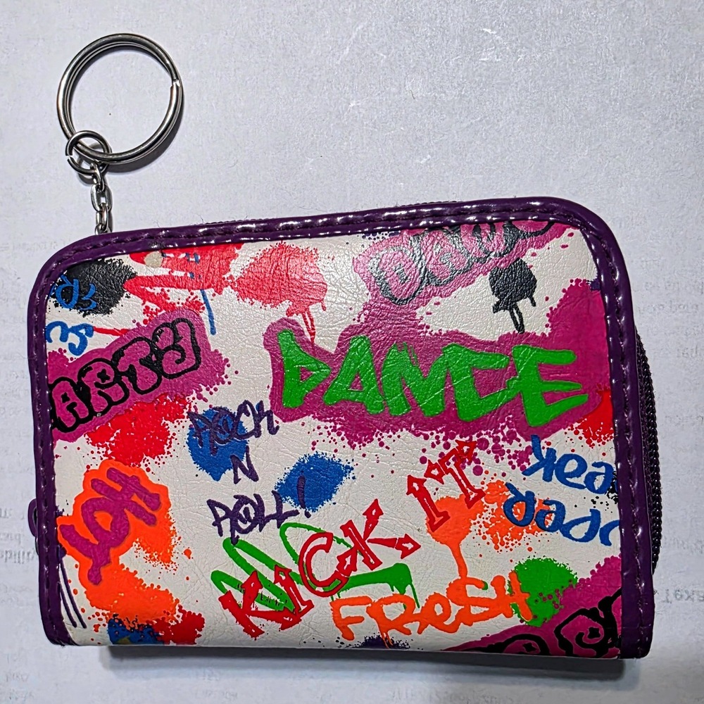 Graffiti Print Bifold Keychain Wallet Purple Zip Coin Purse ID Window Streetwear
